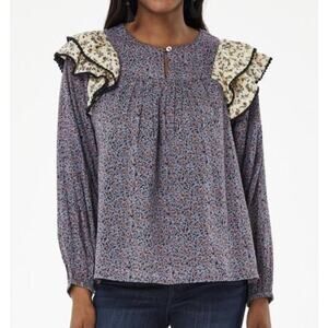 Roller Rabbit Natal Odalis Ruffle Shoulder Blouse Womens Medium Cotton Prairie